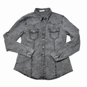 la reyna Women's M Black Denim Button-Up Shirt Long Sleeve Casual